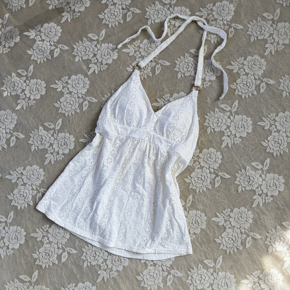Vintage Y2K Bra Tops White Eyelet Halter Top Size XS